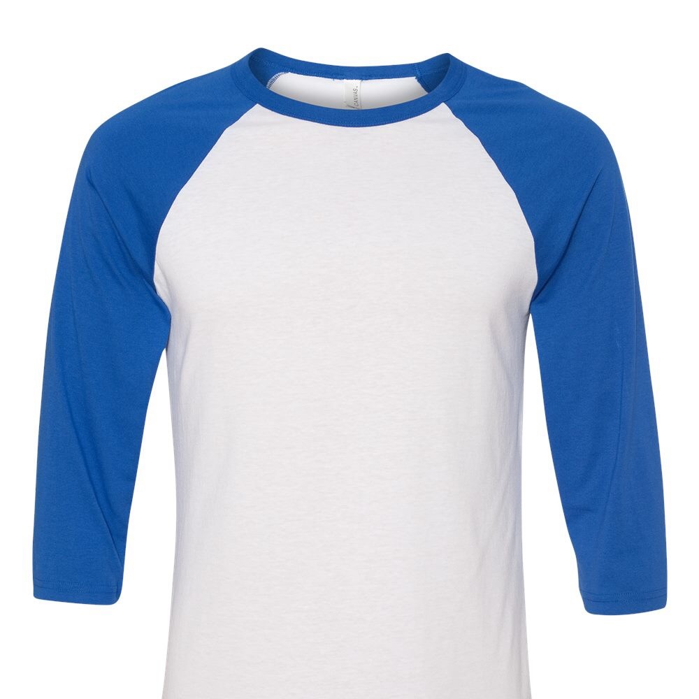 Bella + Canvas unisex 3/4 sleeve baseball raglan tee color:white/true royal
